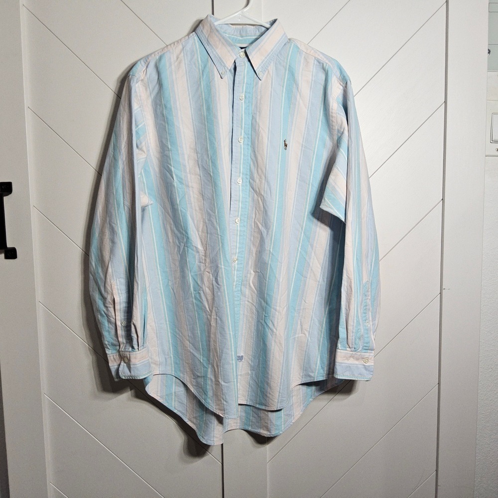 Ralph Lauren Button Down Shirt Mens 16.5-34 Blue Pink Striped Oxford Cotton - Picture 2 of 16